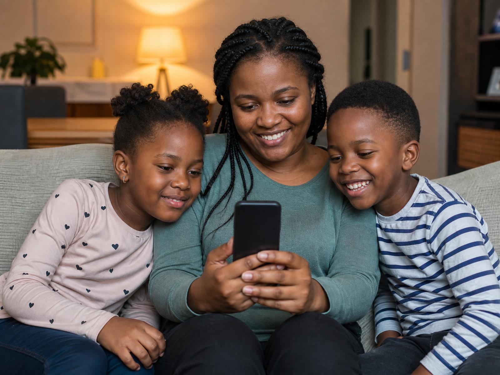 South African family enjoying warm, well-lit home powered by Kurrent+ prepaid electricity